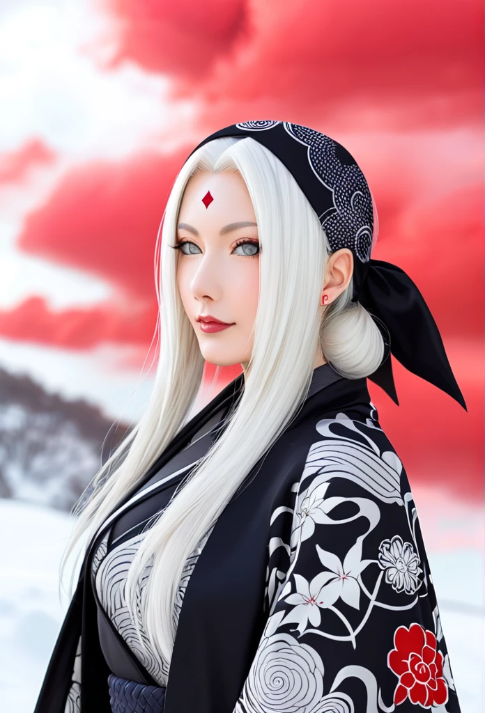 Beautiful 20 year old woman with platinum white hair, long and smooth, gray-eyed, wearing black Akatsuki cloak with red cloud print, wearing Naruto bandana on forehead, Japan scenario 