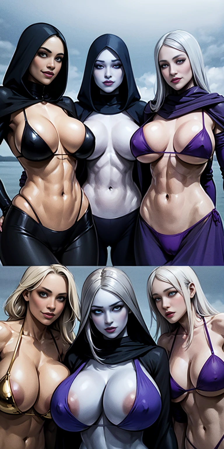 (Triplets)(chest covered)(smile)Gray skin, pale golden hair and violet eyes. They prefer clothing of white and silver with cloaks of deep blue or purple,village background, huge_knockers, ((very precise detailed)), ((highres) triplets drow slave bikini