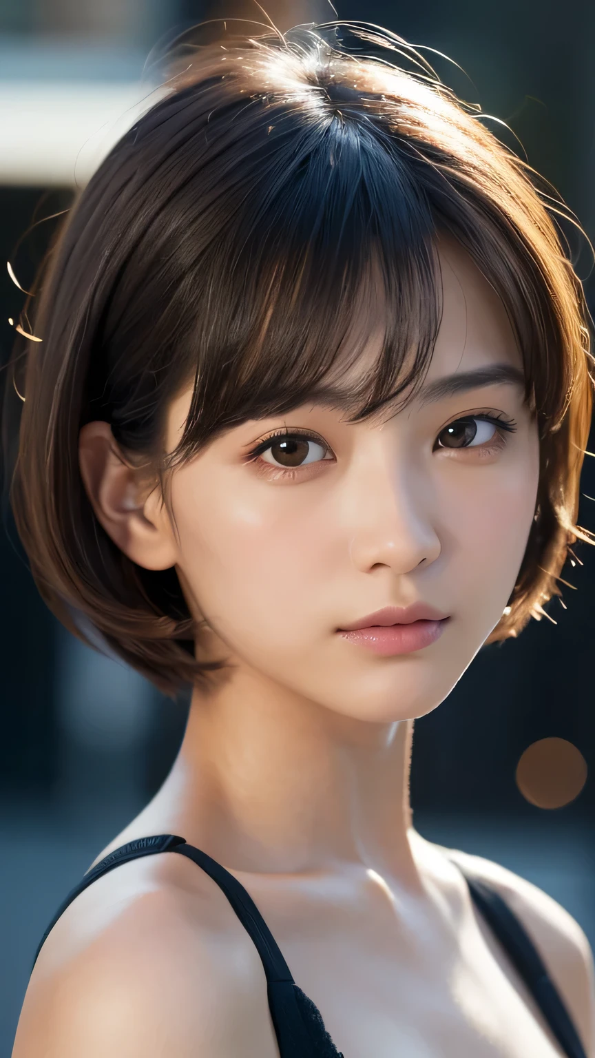 (Ultra-realistic), (figure), (High resolution), (8k), (Very detailed), (Best figure), (Beautiful and detailed), (Highest quality), (Super detailed), (masterpiece), (wallpaper), (Detailed face), alone, One Girl, watching viewer, Trendy clothes，Less exposure、Fine details, Detailed face, In the Dark, Deep Shadow, Modest, Pure Erotic Face Ace_v1, cool, short hair, Pointed diagonal bangs，Aoyama Street