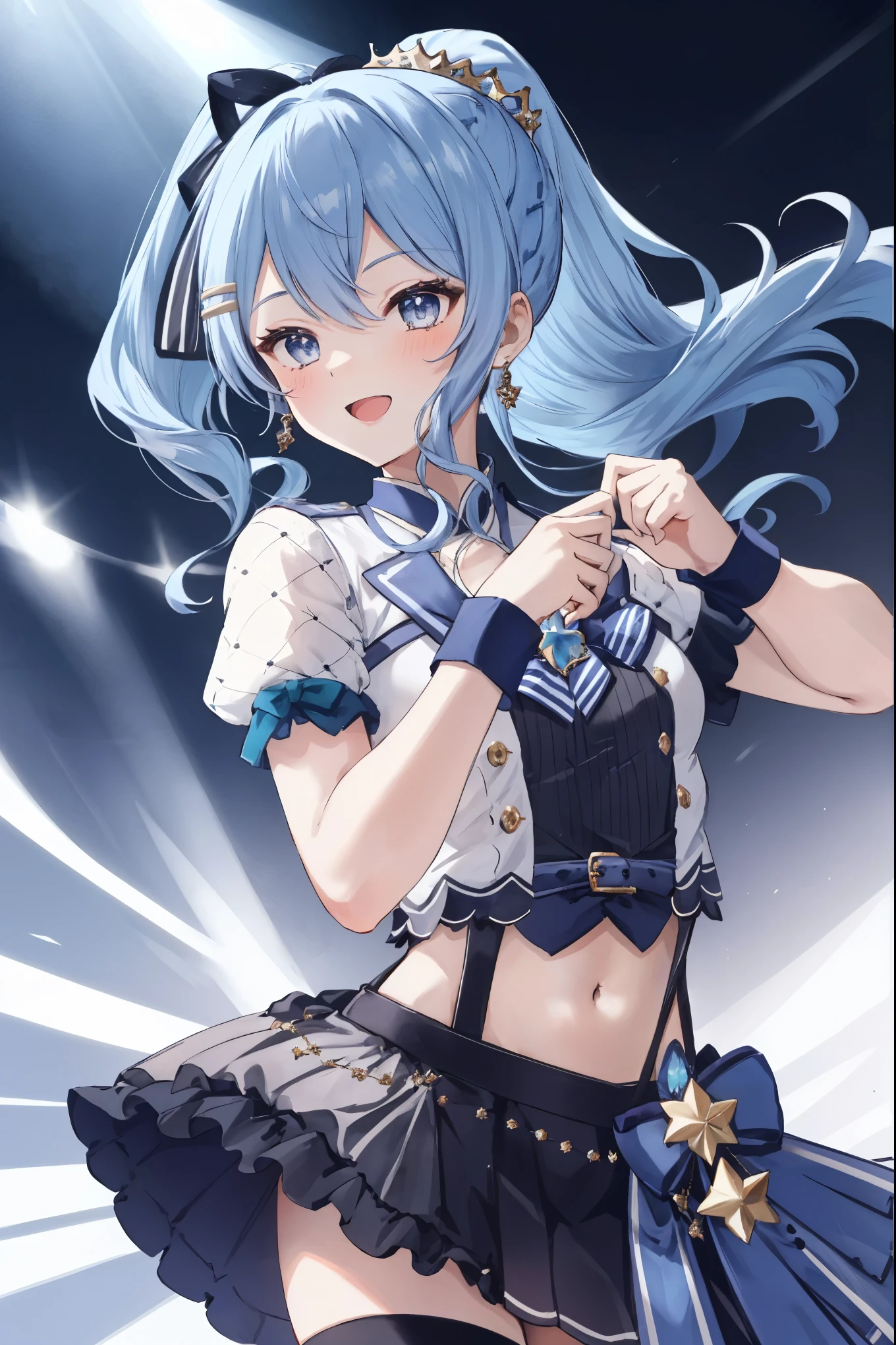 masterpiece, best quality, absurdres, 1girl, solo, Hoshimachi Suisei, light blue hair, blue eyes, happy, smile, parted lips, cowboy shot, sidelocks, ponytail, toned,
idol, idol clothes, hololive idol uniform, bowtie, blue skirt, brooch, dress, concert, on stage, frilled skirt, jewelry, layered dress, short sleeves, tiara, midriff, thighhighs(,shout:1.5),.(open_mouth:1.3),singing,(angry:0.6), (glare:0.6), idle_live,audience_landscape,light up_girl,solo,shiny_effects,smile。joy,happy,(slanted_eyes:1.3)