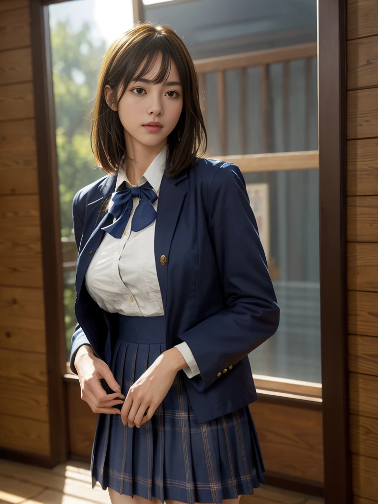 One girl, Big Breasts、Big  Cowboy Shot, Beautiful NobaraJK, School_uniform, bangs, Jacket,, Volumetric lighting, Highest quality, masterpiece, Intricate details, Tone Mapping, Sharp focus, Super detailed, Trending on Art Station, Realistic, Japanese