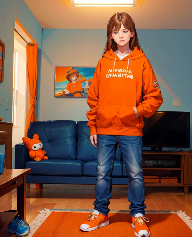 Masterpiece, high resolution, high quality, intricate details, full body portrait, front view, 1boy, solo, 14 years old boy, teenage male, long brown hair, neck-length hair, bangs, blue eyes, looking at viewer, amused expression, arrogant smile, ((Wearing: Orange Hoodie, blue jeans, and sneakers)), standing, holding a Nintendo Switch with both hands, looking at viewer, (Background: Indoors, living room, couch, TV),