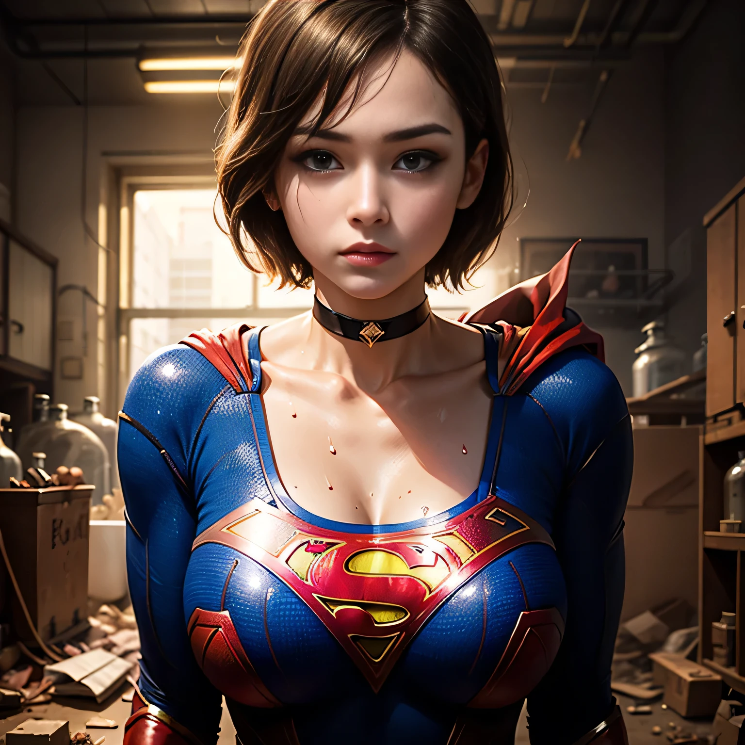 masterpiece、Short-haired Supergirl explores an abandoned laboratory、Off the shoulder、Big and ample breasts、looking at the camera、choker、Sweaty skin、