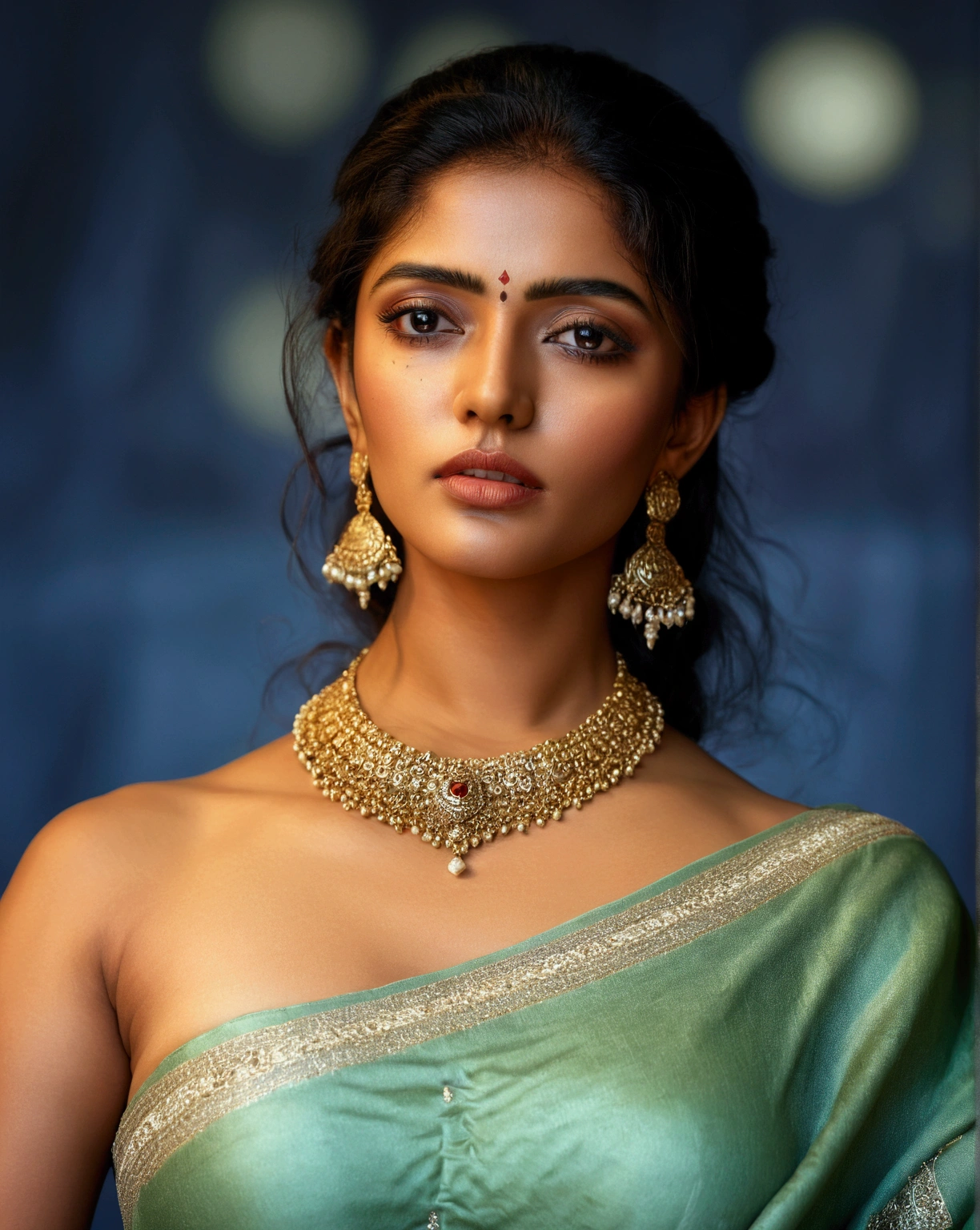 a naked woman, wearing ornate jewelry, intricately detailed face, flawless skin, beautiful eyes, long eyelashes, full lips, elegant pose, photorealistic, 8k, masterpiece, cinematic lighting, warm color palette, chiaroscuro, dramatic shadows, pooja, n1p, esha
