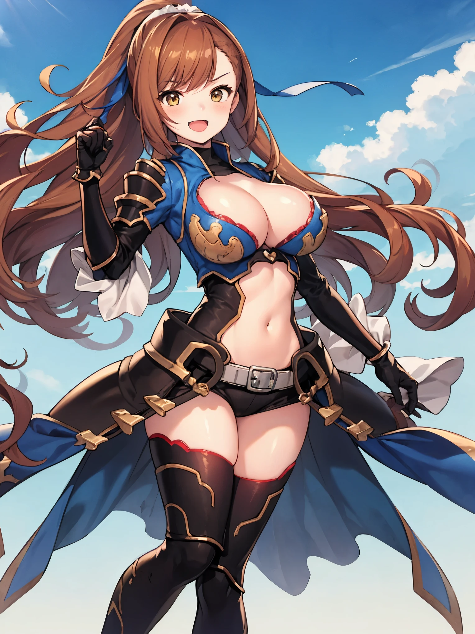 masterpiece, best quality, 1teen_girl,def,beatrix, ponytail, hair ribbon, gauntlets, blue shirt, gloves, cleavage cutout, looking at viewer, big_smile, large breasts, sky_landscape_background ,,happy,covered_nipples,young_,full_of_beans,,laugh,blush,open_mouth,thigh-highs, glower,open_legs,rise_knee,(angry:0.8)