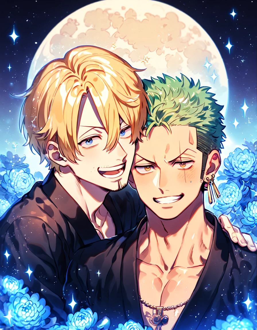 absurdres, highres, ultra detailed, HDR, master piece, best quality, extremely detailed, Roronoa Zoro, green hair, expressive brown eyes, One Piece, Sanji, blonde hair, expressive blue eyes, two sexy men together, yaoi, gay couple, handsome, handsome smile, black suit, black kimono, water, sparkling, blue glittering fireflies, blue moon, blue blossoms, blue chrysanthemums, blue sparkling lights, starry sky