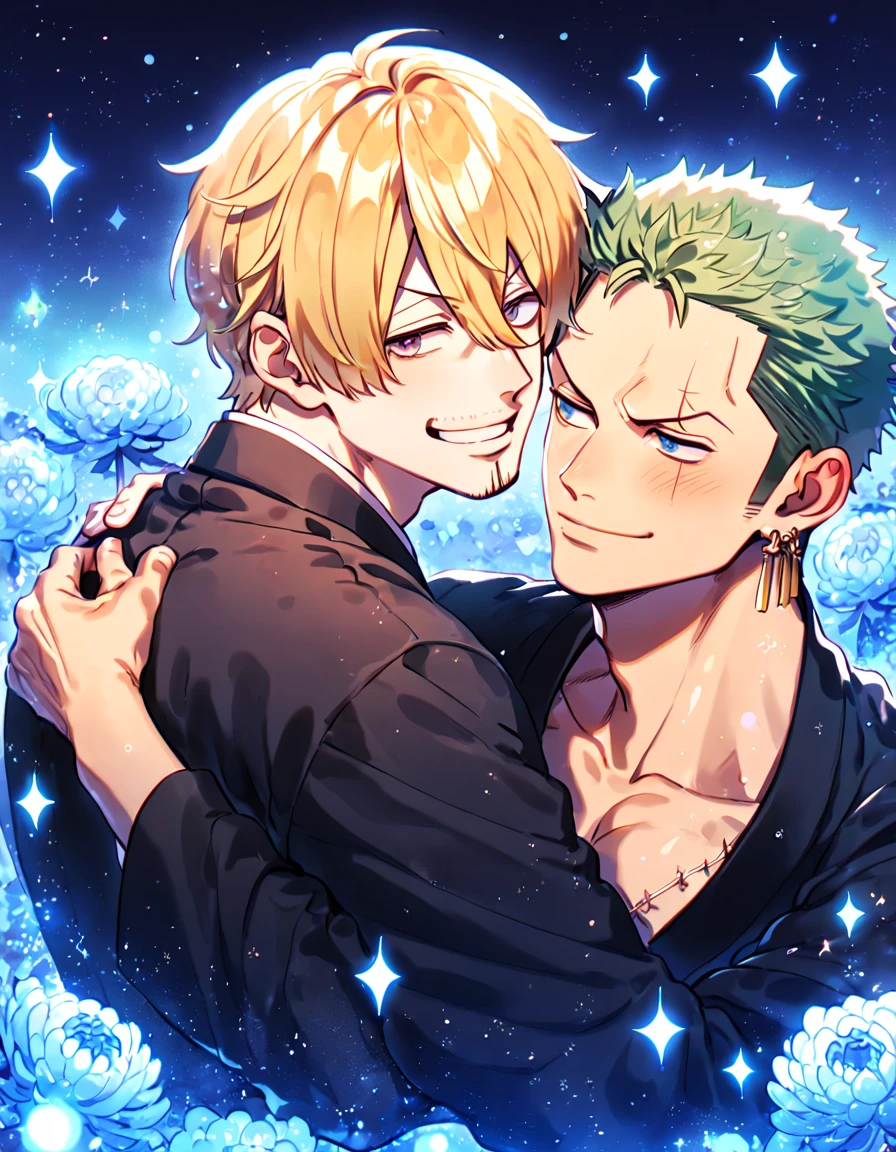 absurdres, highres, ultra detailed, HDR, master piece, best quality, extremely detailed, Roronoa Zoro, green hair, expressive brown eyes, One Piece, Sanji, blonde hair, expressive blue eyes, two sexy men together, yaoi, gay couple, handsome, handsome smile, black suit, black kimono, water, sparkling, blue glittering fireflies, blue moon, blue blossoms, blue chrysanthemums, blue sparkling lights, starry sky
