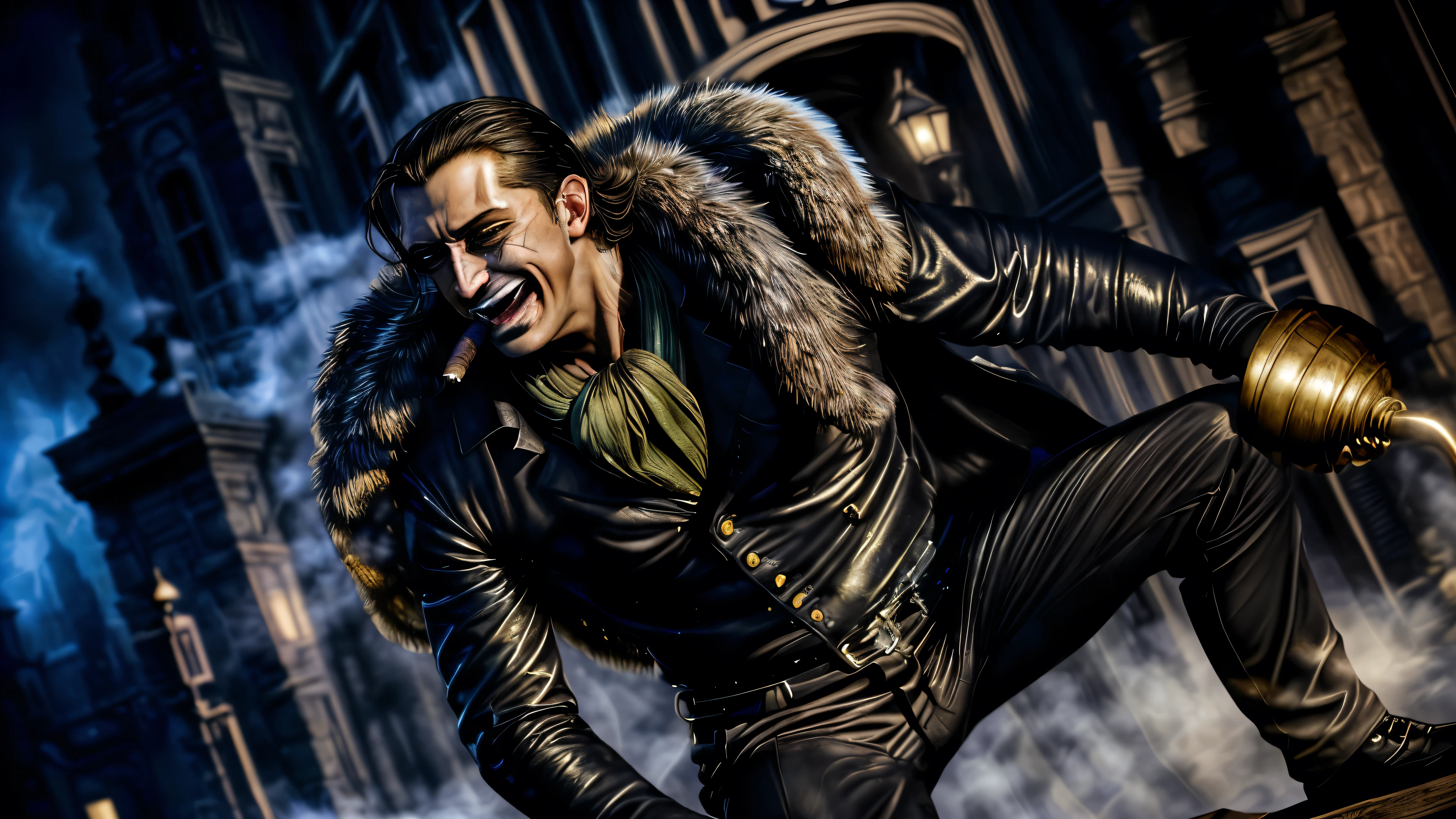 masterpiece, best quality, extremely detailed, hyperrealistic, photorealistic, a cool 40s man, ultra detailed face:1.2, fur-trimmed coat, scarf around the neck, his left hand is a golden pirate hook:1.1, cigar, city, in the night, nightmarish, mystical fog, smoke, dynamic angle, artistic jump laughing

