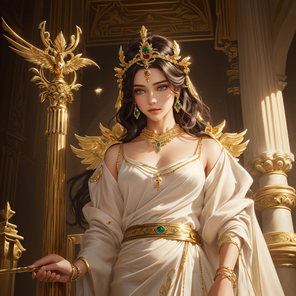 masterpiece, best quality, (extremely detailed CG unity 8K wallpaper), (best quality), (best illustration), (best shadow), absurdres, realistic lighting, (Abyss), beautiful detailed glow, art by PeterMohrBacher, Oval face with aristocratic features, deep blue almond eyes that reflect wisdom and authority. Long jet black wavy hair, often decorated with a golden diadem studded with gems. Clear and luminous skin, with a subtle shine that denotes its divine nature. Tall and slender, with an elegant and majestic posture. He wears a white silk Greek tunic, cinched at the waist with a gold belt. The tunic has gold embroidery on the edges, representing peacocks, symbol of Hera. Wear gold bracelets and necklaces inlaid with emeralds and sapphires, complementing her status as queen of the gods. He holds a golden scepter in one hand, symbol of his authority and power. bottom: A heavenly palace with marble columns, lush gardens and clear skies. In the background, you can see peacocks, their sacred birds.