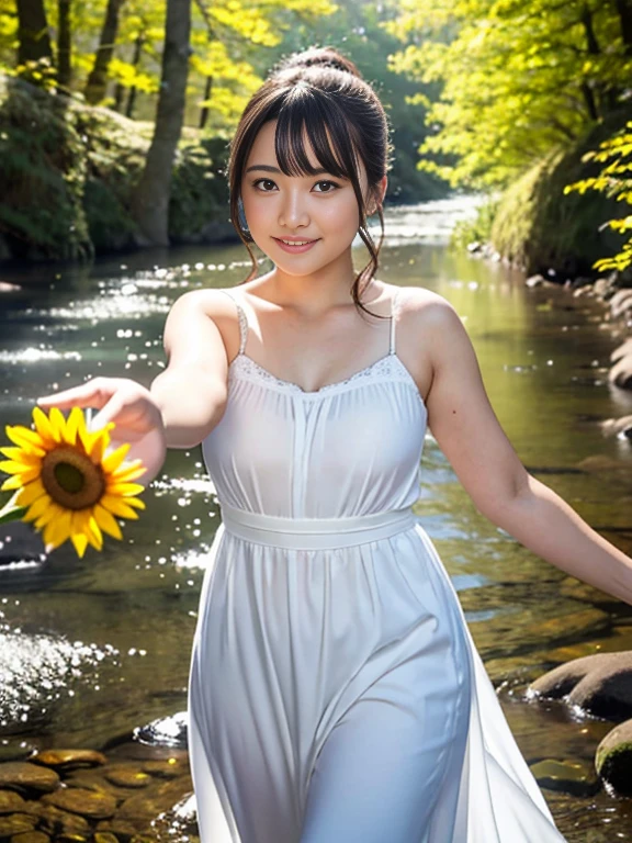 (masterpiece, best quality), outstanding details, ultra-high resolution,
anatomically correct, wide shot, atmospheric perspective,
A beautiful woman walking along a stream in the forest, A lovely Japanese woman, 30 years old,
cowboy shot, (holding a sunflower, reaching out),
(chubby),
Happy smile, Mouth slightly open, looking at viewer,
round face, tareme, Downturned Eyes, pupils sparkling, small cute nose, thin lips, thin eyebrows,
brown hair, low ponytail, short hair, swept bangs,
(wearing A white elegant slip dress made of a transparent smooth material),
(background: Serene riverside with blossoming wildflowers at the forest)
depth of field, backlighting, morning sunlight, cinematic lighting, Reflected light from below, reflection light, dreamy atmosphere, animated expression,