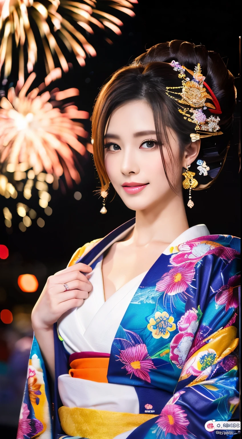 ((masterpiece(:1.4)，Highest quality，Ultra-high resolution，Highest quality，8k，Extremely detailed，In detail))。night，Fireworks display，Japanese，A beautiful woman，Big Breasts，Flashy gal makeup，Oiran，Long-sleeved kimono，Hair tying，hairpin，hair ornaments，geta，Gorgeous and luxurious，(Fireworks displayのnightに河川敷で花火を背景にしたスナップ写真)，Hyper Quality
