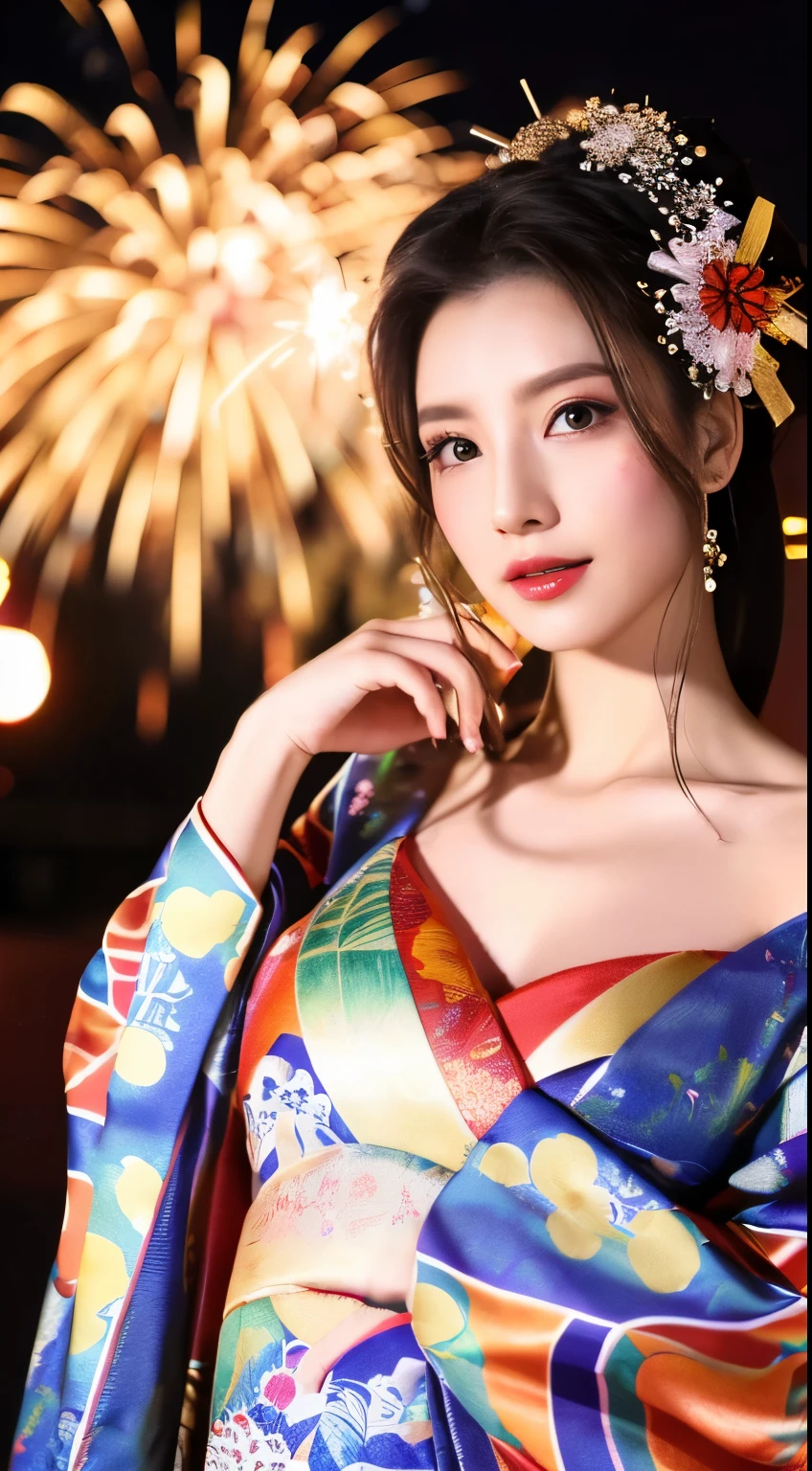 ((masterpiece(:1.4)，Highest quality，Ultra-high resolution，Highest quality，8k，Extremely detailed，In detail))。night，Fireworks display，Japanese，A beautiful woman，Big Breasts，Flashy gal makeup，Oiran，Long-sleeved kimono，Hair tying，hairpin，hair ornaments，geta，Gorgeous and luxurious，(Fireworks displayのnightに河川敷で花火を背景にしたスナップ写真)，Hyper Quality