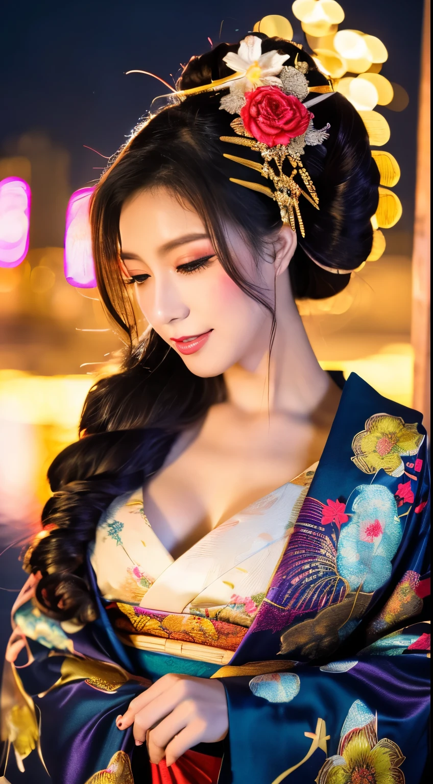 ((masterpiece(:1.4),Highest quality,Ultra-high resolution,Highest quality,8k,Extremely detailed,In detail))。night,Fireworks display,Japanese,A beautiful woman,Big Breasts,Flashy gal makeup,Oiran,Long-sleeved kimono,Hair tying,hairpin,hair ornaments,geta,Gorgeous and luxurious,(Fireworks displayのnightに河川敷で花火を背景にしたスナップ写真),Hyper Quality