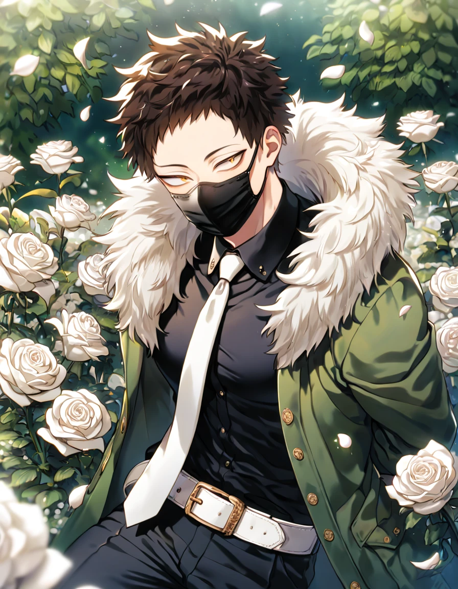 Ultra detailed, Highres, absurdres, HDR, master piece, best quality, Overhaul, dark brown hair, short hair, short bangs, long eyelashes, expressive golden eyes, black surgical mask, green coat with a fur collar, black shirt, white necktie, Boku No Hero Academia, sexy man, white petals, white roses, garden, handsome, sensual, white belt, black pants, white gloves,