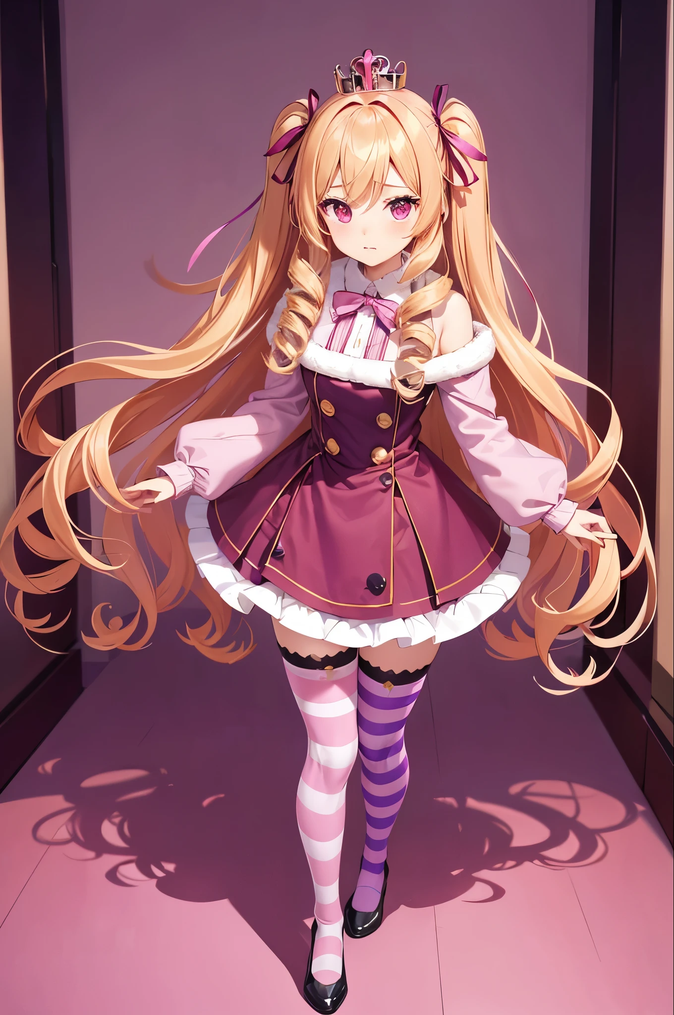 Idol-like animated character
Red eyes, slightly drooping eyes, cute expression, shy
High quality
Plain dark red,Fur bolero,Jacket
Solid color fluffy fur bolero
Plain dark red dress skirt
Voluminous blonde hair twin dr
Strong curly hair
Curly hair
Large pink ribbon in hair
Purple and pink striped stocking tights 
Purple and pink horizontal striped stocking tights worn
One very small round crown hair ornament Blonde twin drills
In the room, chair

 Pink and purple striped tights
Pink and purple striped tights/stockings Forehead bangs Big pink ribbon in dress skirt Focus on face Red eyes Full body shot Background in room No shadow, high quality Walking Full face

Big pink ribbon on dress skirt
Focus on face
Full face, high quality
Walking
Full Face