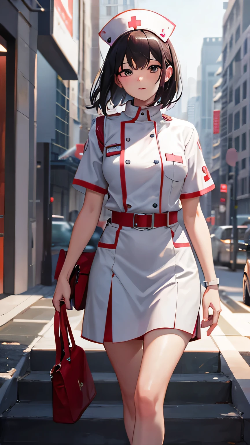 Highest quality, Unreal Engine, Ultra-high resolution, A nurse holds her hand out to the viewer&#39;s forehead to take their temperature., Hospital bed, Sparkling Eyes, Natural Lip, Beautiful breasts, Skirt length above the knee