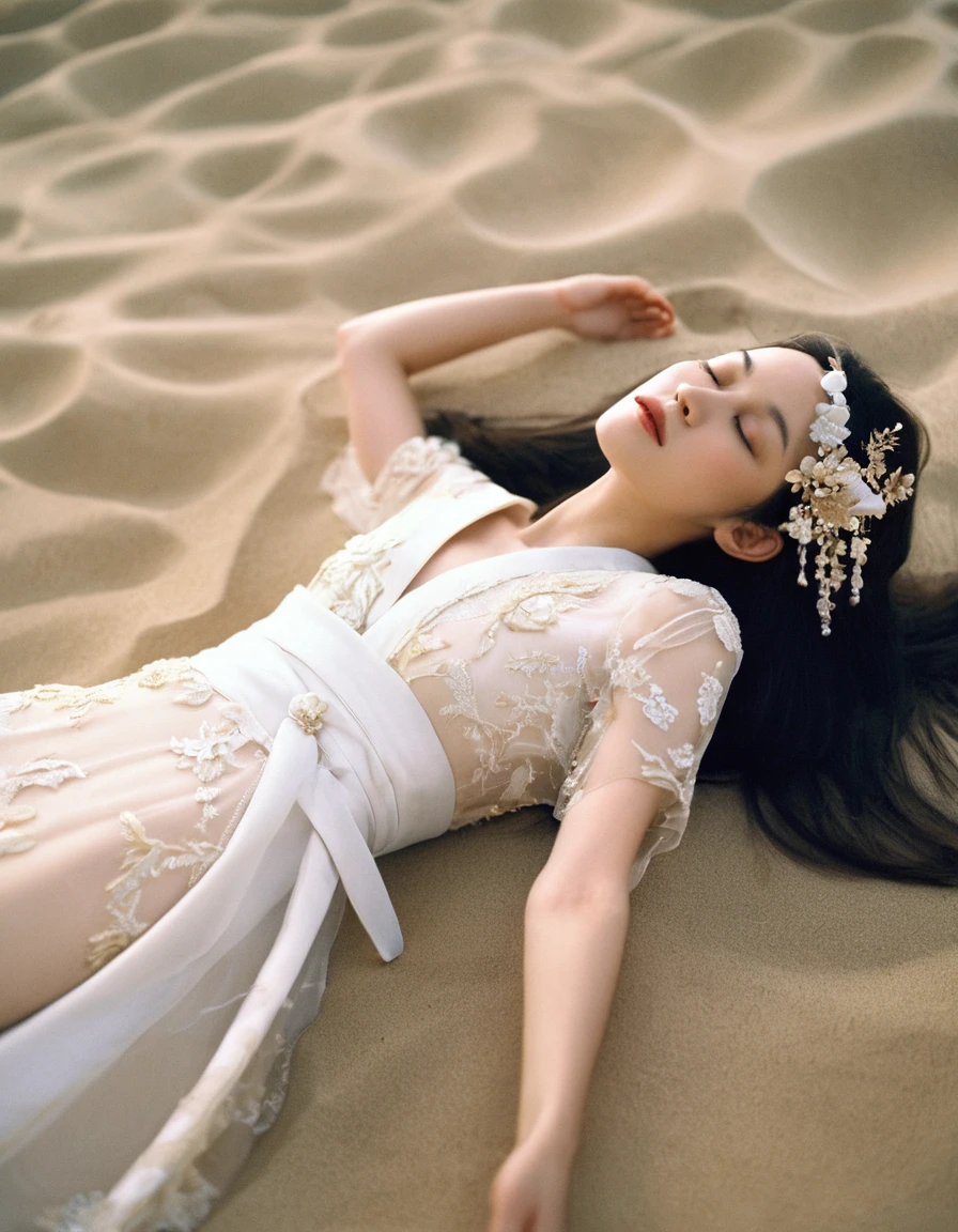 Quite a bit body, photo of a gorgeous young cute asian woman in a Glamorous outfit, beautiful long slender slimmed face Japanese girl, still from the film, ((solo)), (Marion Cotillard look alike face: 0.8), best background, detailed background, anime screencap, Airi, very long hair, opened white kimono, close eyes, sleeping, laying down, breasts visible, solo, naughty face, from above, outdoors, beach, sand, Leica SL3, Summicron-SL 75 f/2 ASPH, kodak gold 200 film, dynamic action pose,