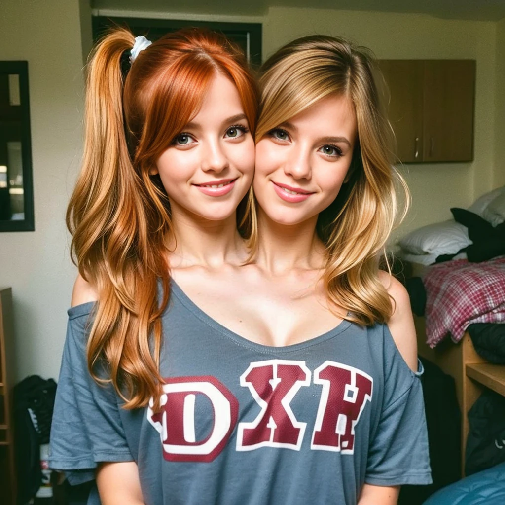 best resolution, 2 heads, two different people conjoined, different heads, long red hair, blonde hair, eyeliner, 25 years old, cute, flirting, horny, sexy, standing in dorm room,