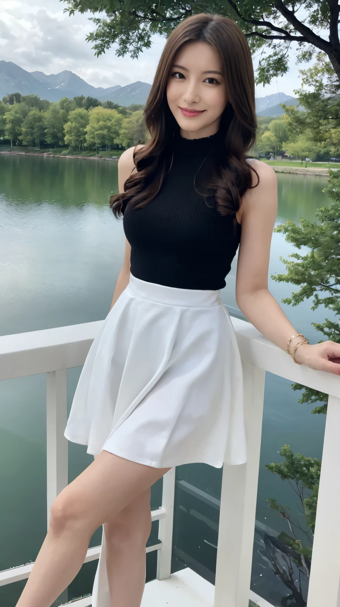 ((masterpiece)),(((Highest quality))),A low-angle shot that highlights her beautiful thighs and crotch:1.5,Long legs,The best smile:1.5，Slim figure:1.5，whole body:1.5，(One Girl:1.3),(Viewer Display:1.4)，(Pointy high heels:1.3),(Standing with legs wide apart by the lake:1.2),(Wearing a striped long skirt dress:1.2),Long Curly Hair:1.5，