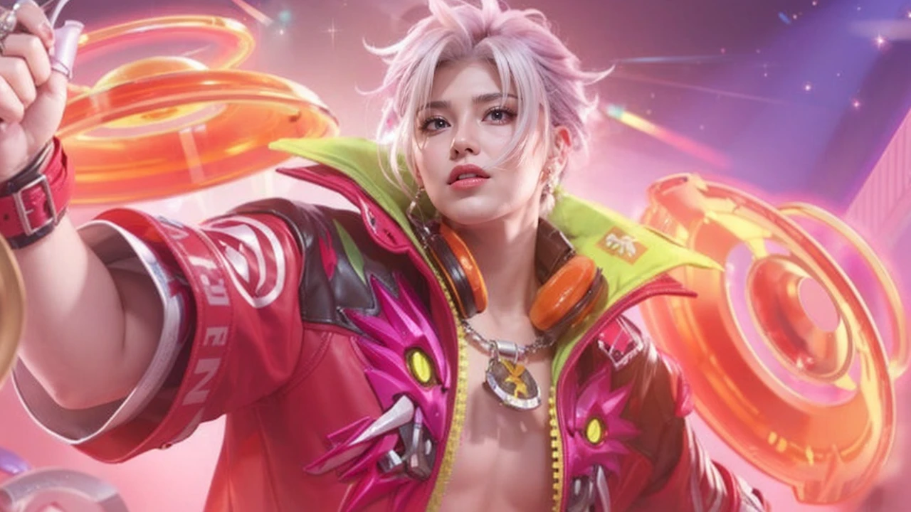 Mercy_overwatch, big breasts,blue eyes, blonde hair, high ponytail, hair over one eye,off the shoulder summer shirt, pink shorts, sitting on chair,tea on the table, scrolling through her phone, mechanical wings,heart stickers,soft body,soft lighting, sparkling eyes,cute facial features, relaxing,Cafe_background,best quality, rendering