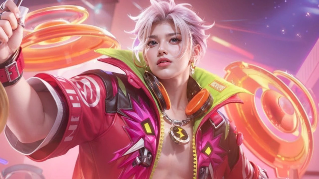 Mercy_overwatch, big breasts,blue eyes, blonde hair, high ponytail, hair over one eye,off the shoulder summer shirt, pink shorts, sitting on chair,tea on the table, scrolling through her phone, mechanical wings,heart stickers,soft body,soft lighting, sparkling eyes,cute facial features, relaxing,Cafe_background,best quality, rendering