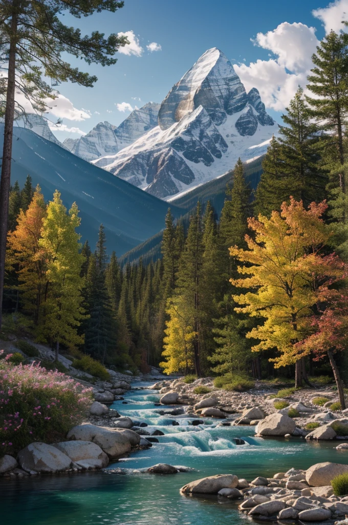 (best quality,4k,8k,highres,masterpiece:1.2),ultra-detailed,(realistic,photorealistic,photo-realistic:1.37),white background,scenery,ink,Kailash mountain,water,trees,colorful trees,round limits to the drawing,landscape,soft color tones,soft lighting