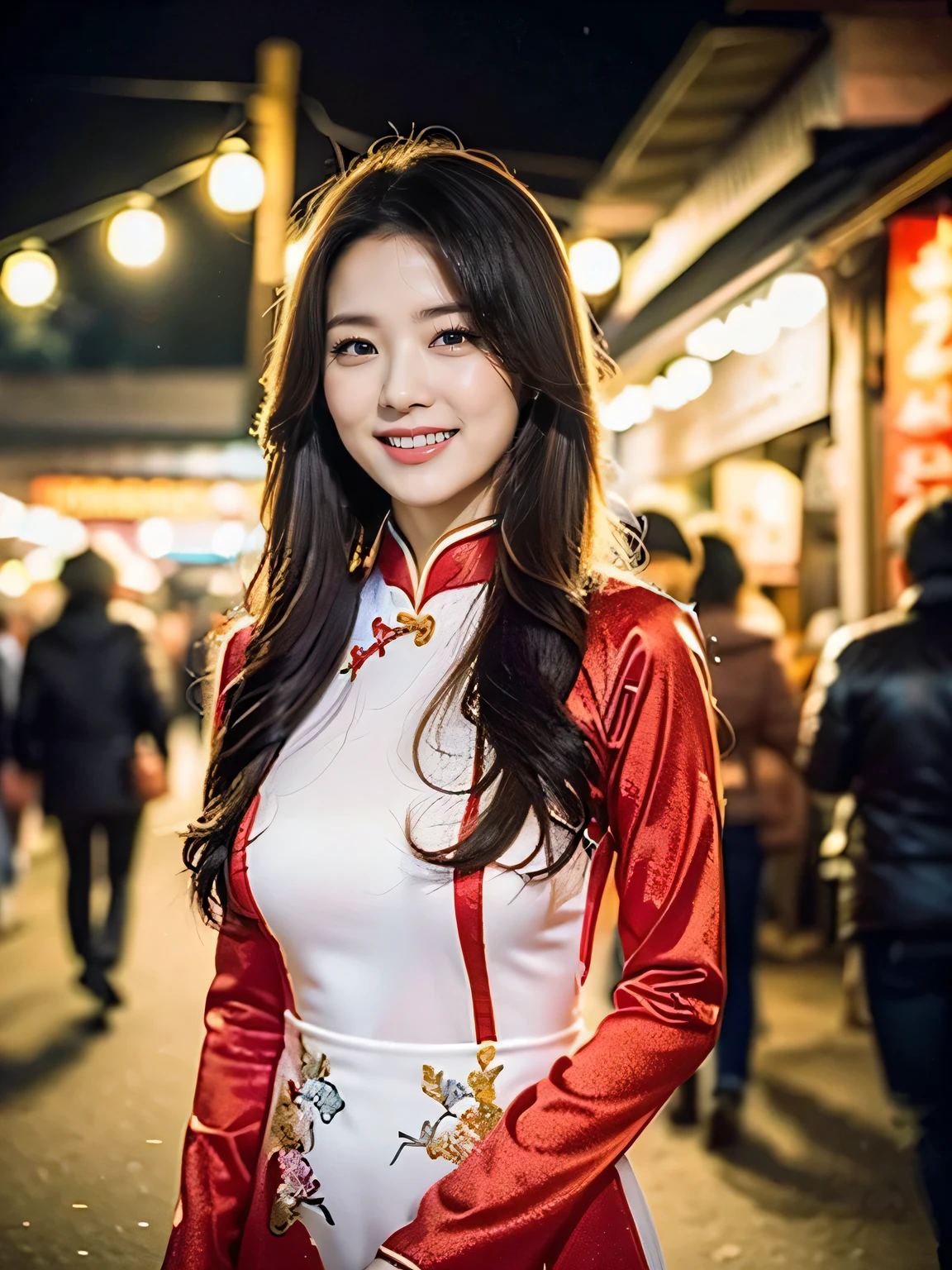 (a beautiful Chinese lady, age 18, Red Vietnamese traditional dress Ao Dai, walking in Hanoi night market, friendly expression, dimpled smile, cute snaggle-tooth,  beautiful detailed face, beautiful detailed eyes, ample round bosom, photorealistic, hyper-realism, high contrast, ultra HD, realistic skin textures, top image quality, top-quality, super high resolution, fine details, very meticulously, masterpiece, head to hips, the Cowboy shot, vibrant atmosphere, bokeh background), Random body orientation,