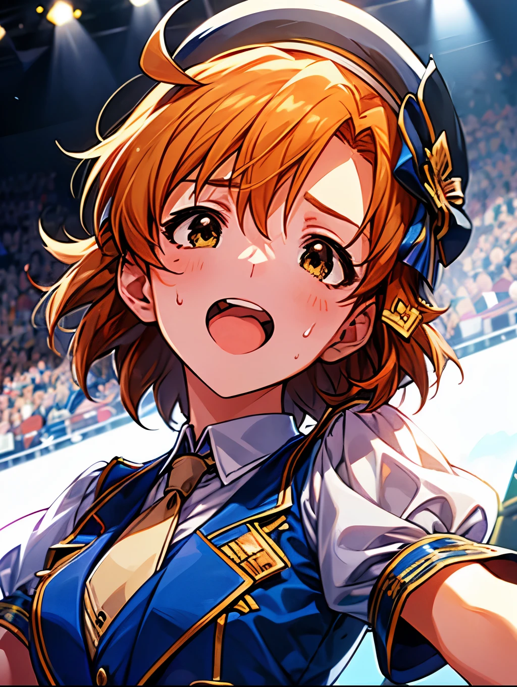 kana yabuki (million live), 1 girl, Solo, Best Quality, masterpiece, 8K, High resolution, Ultra-detailed, madeon, portrait, face focus, front view, singing on the stage, sweat, idol costume, white beret, blue vest, white shirt, puffy sleeves, short sleeves, necktie,