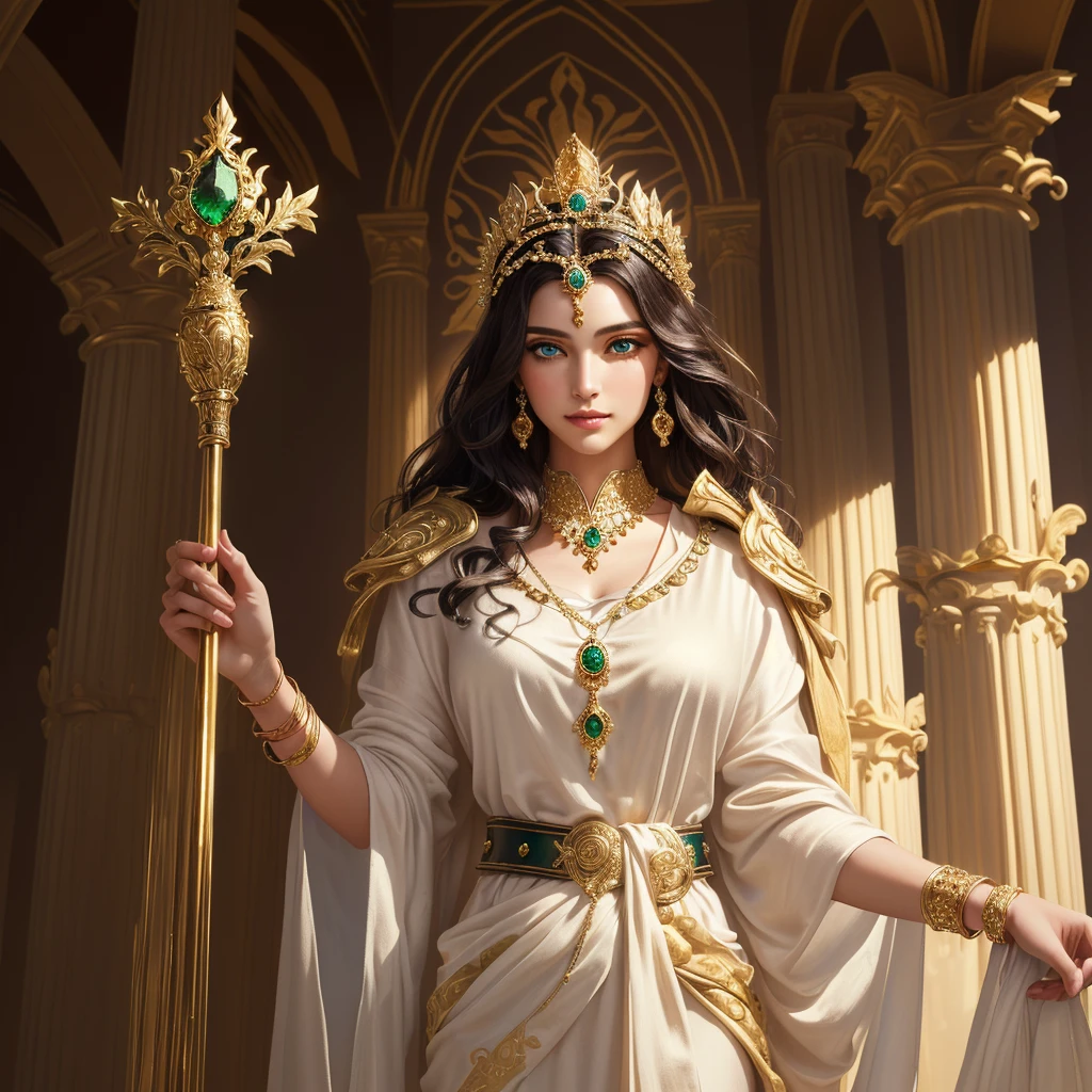 masterpiece, best quality, (extremely detailed CG unity 8K wallpaper), (best quality), (best illustration), (best shadow), absurdres, realistic lighting, (Abyss), beautiful detailed glow, art by PeterMohrBacher, Oval face with aristocratic features, deep blue almond eyes that reflect wisdom and authority. Long jet black wavy hair, often decorated with a golden diadem studded with gems. Clear and luminous skin, with a subtle shine that denotes its divine nature. Tall and slender, with an elegant and majestic posture. He wears a white silk Greek tunic, cinched at the waist with a gold belt. The tunic has gold embroidery on the edges, representing peacocks, symbol of Hera. Wear gold bracelets and necklaces inlaid with emeralds and sapphires, complementing her status as queen of the gods. He holds a golden scepter in one hand, symbol of his authority and power. bottom: A heavenly palace with marble columns, lush gardens and clear skies. In the background, you can see peacocks, their sacred birds.