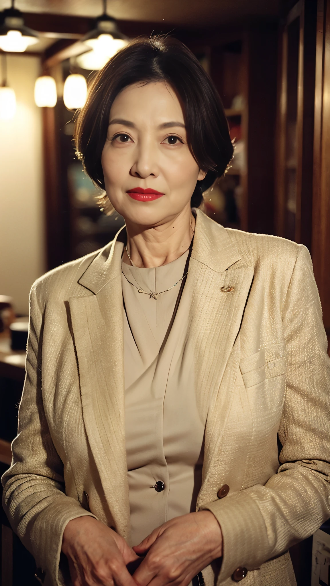 Masterpiece, ((Great focus)), 32K, Beautiful finish, Beautiful mature woman、60-year-old woman、Photo of your ID、Red lips, Thin lips, suit、Round 1, Light from the front,