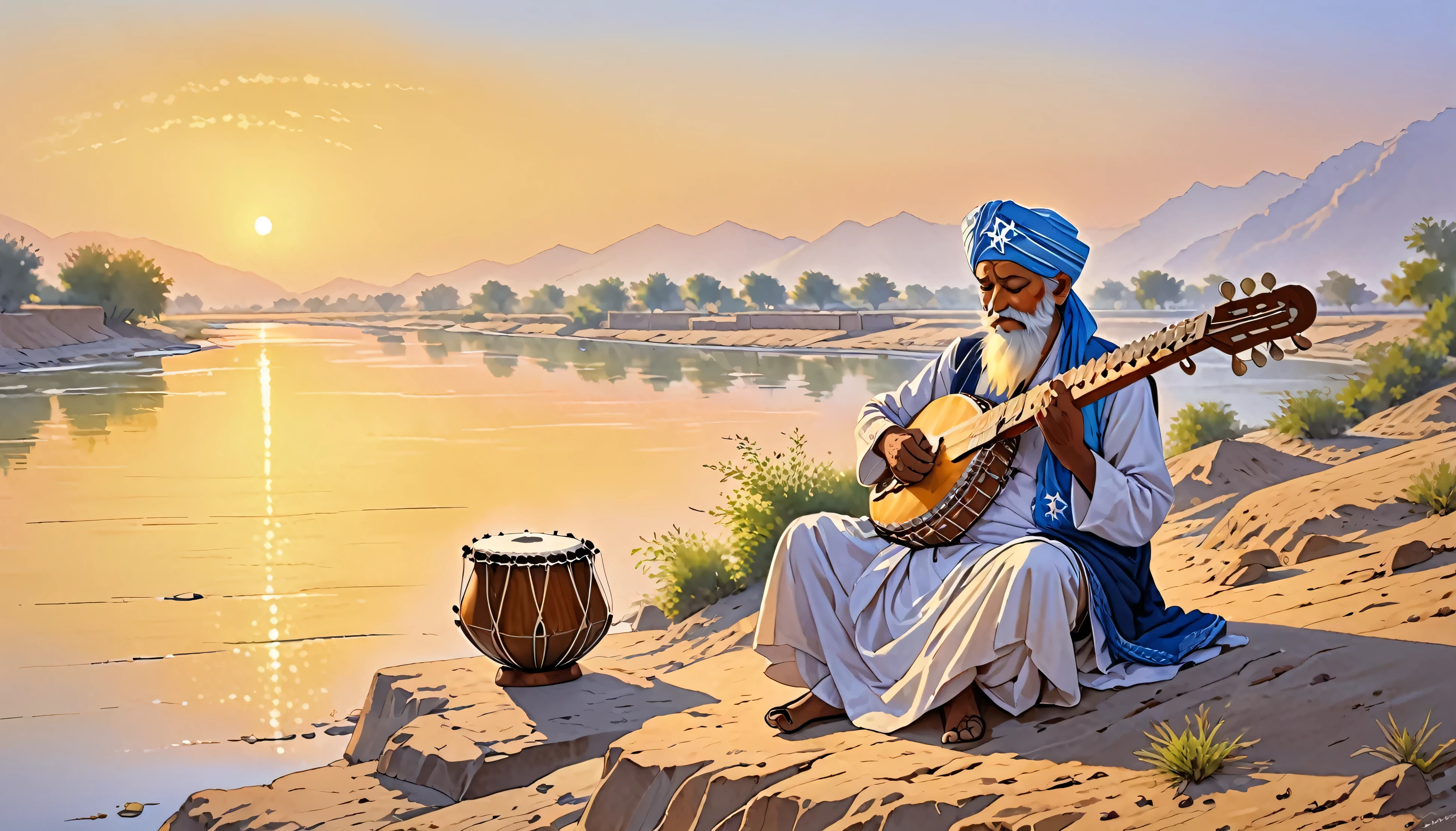 Shield of David,Indian,Turbaned Master,Old man playing the sitar,On the banks of the Indus River,dawn,Morning Glow