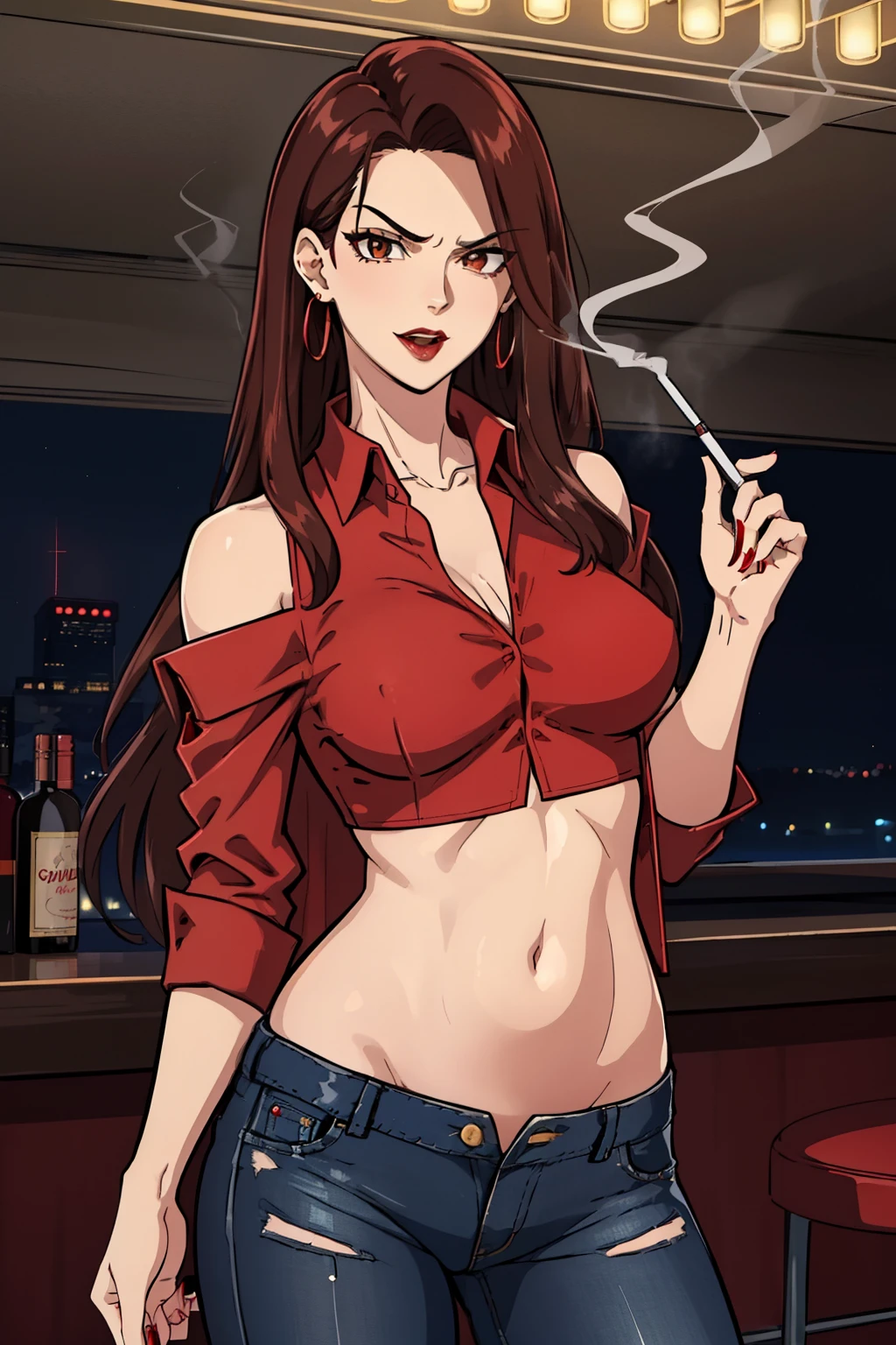 (Night:1.7), smoking a cigarette
,holding a cigarette,
,(red_collared_shirt:1.5),
jewelry,midriff,gem,circlet,earrings,necklace,
brown_hair,brown_eyes,Very_long_hair,lipstick,makeup,red_lips,Hot girl, baddie, staring, glaring, bad attitude, mean girl, dare, angry, hate, crazy, smoking, sensual, attractive,
1 girl, 20yo,mature female,Beautiful Finger,Beautiful long legs,Beautiful body,Beautiful Nose,Beautiful character design, perfect eyes, perfect face,
masterpiece,high quality,4k, bare shoulder,belly,crop top,holding pistol,cleavage,casual dress, bar
background, inside bar, indoor,smile, open mouth, (nsfw) not safe for work, evil expression, exposed
belly, exposed navel, exposed midriff, exposed lower belly, crop top overhang, underboob,jacket,
unbuttoned jeans , low rise black jeans, Low rise jeans, Low rise jeans with open fly,