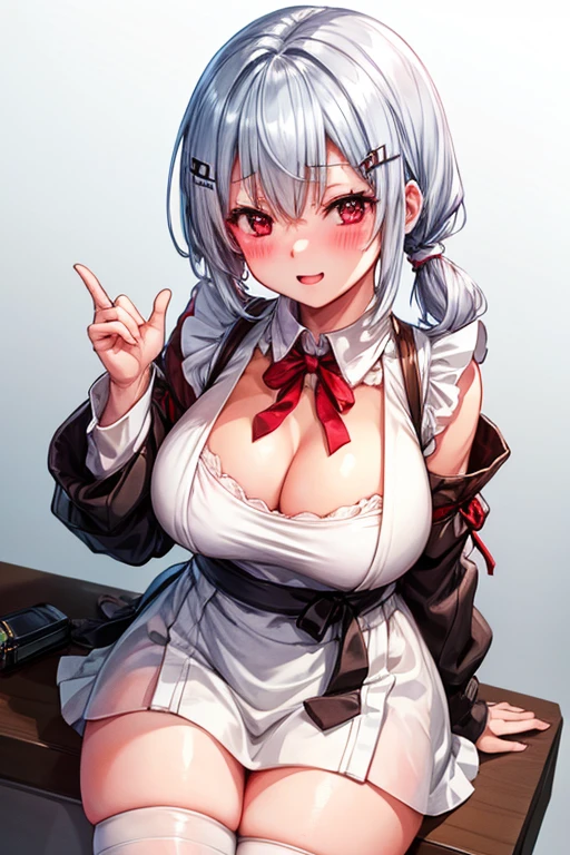 1 girl, Solo, ichika nakano, (white apron), big breasts, cleavage, thighs, brown background, (blush:1.2)