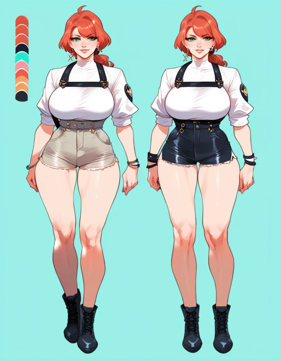 Detailed character sheet, Front view, Side view, Oblique view, with a white returnground, show women, Full body,