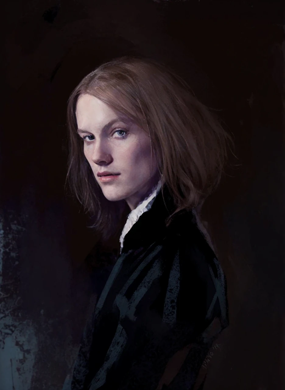 Portrait of Christopher Marlowe, white skin, piercing icy blue eyes, silky golden-brown hair, refined features, charp jawline, clean shaved, Elizabethan clothes, Shakespearen clothes, black Elizabethan velvet jerkin, white laced shirt, soft light, candlelight, chiaroscuro, masterpiece, oil painting, oil on canvas, Renaissance, Caravaggio style, realism, high quality