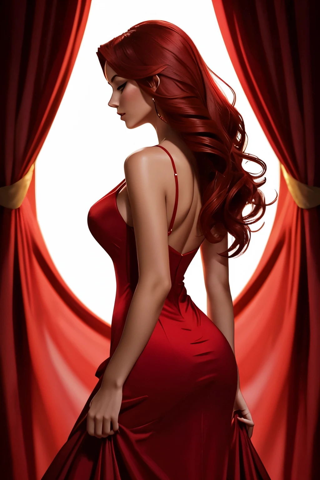 **Full-length silhouette digital painting of a beautiful, gorgeous woman in an elegant, tight-fitting red dress. The style is highly stylized, focusing on dramatic lighting and shadows. The woman is depicted in profile, with long, loose red hair cascading down her back. The background is completely black, accentuating the vibrant red tones of her dress and hair. The dress has a deep V-neckline and flows elegantly, with a sense of movement captured in the fabric. The woman's skin is depicted with a smooth, shiny texture, adding to the overall polished and sophisticated aesthetic of the image**