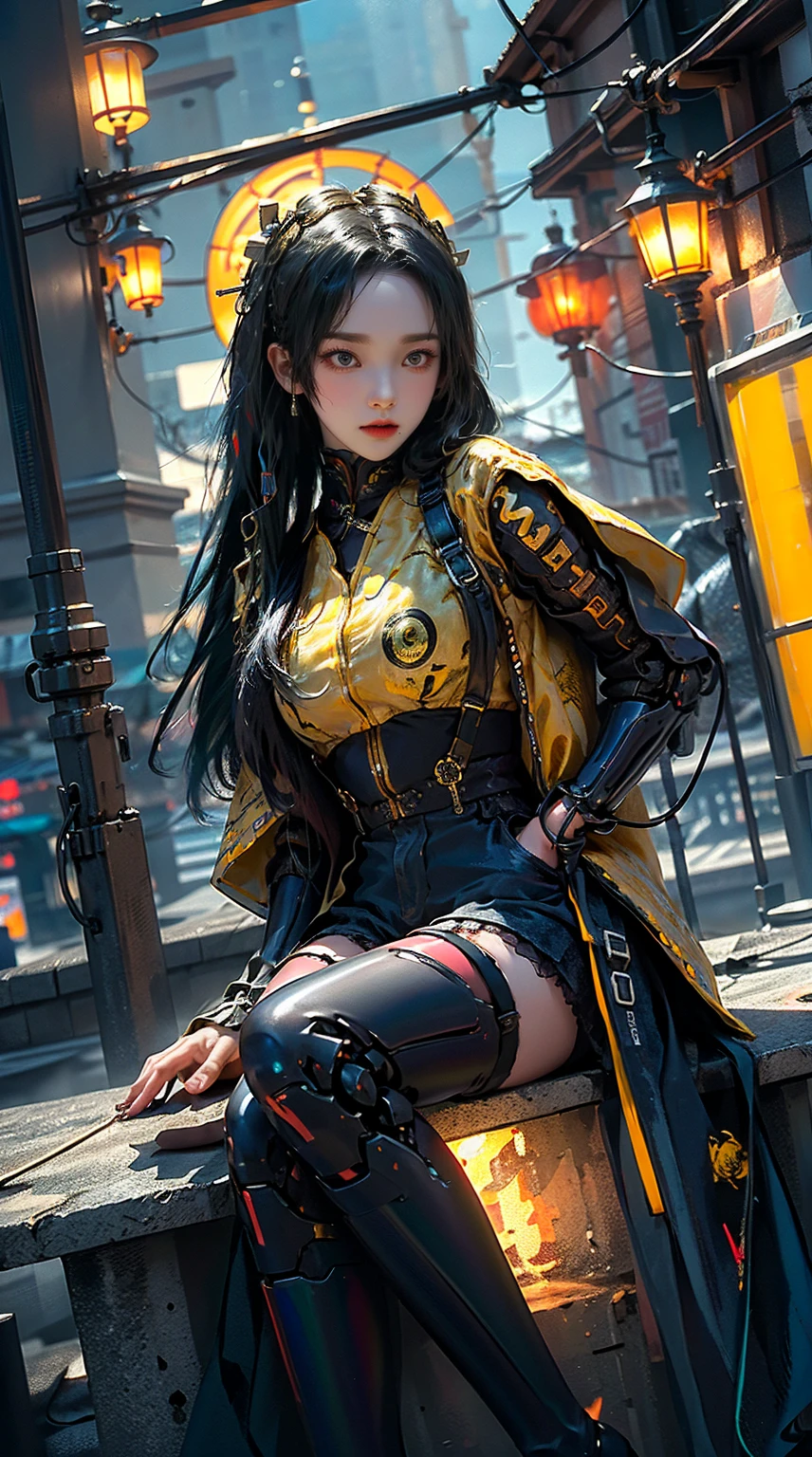 masterpiece,best quality,high resolution, 1 girl,from below,(매우 얇고 straight legs),,(매우 long legs,straight legs),,high heel,long legs,stand on all fours, 정면에서 보면 long legs, perfect body,with perfect legs,(Exterior),Telegraph slang,cyberpunk figures,dynamic pose,1 girl,Exquisite eyes,brown eyes,eye shadow,to put on make up,long gray hair, detailed face, detailed eyes, looking at viewer, blusher\(to put on make up\), plump lips, red lip,(long gray hair:1.3), (stand on all fours)Mechanically static,Summon Mech,(headdress:1.1),headgear,((((short yellow jacket,ultra shorts)))),(black lace stockings,stocking suspenders),city,Luminous winding,Holding a long sword in his hand,weapon,Cyberpunk Lighting:1.1),neon lights,Completely mechanical and futuristic elements,technology,배경은 중국 전통 distance,Chinatown, distance, sky sky, cyberpunk figures, lantern, Neon Super Resolution,(realism:1.3),1(slim:1.2),dramatic lighting,vivid details,classy cyberpunk,complex background,Rendering with high octane,