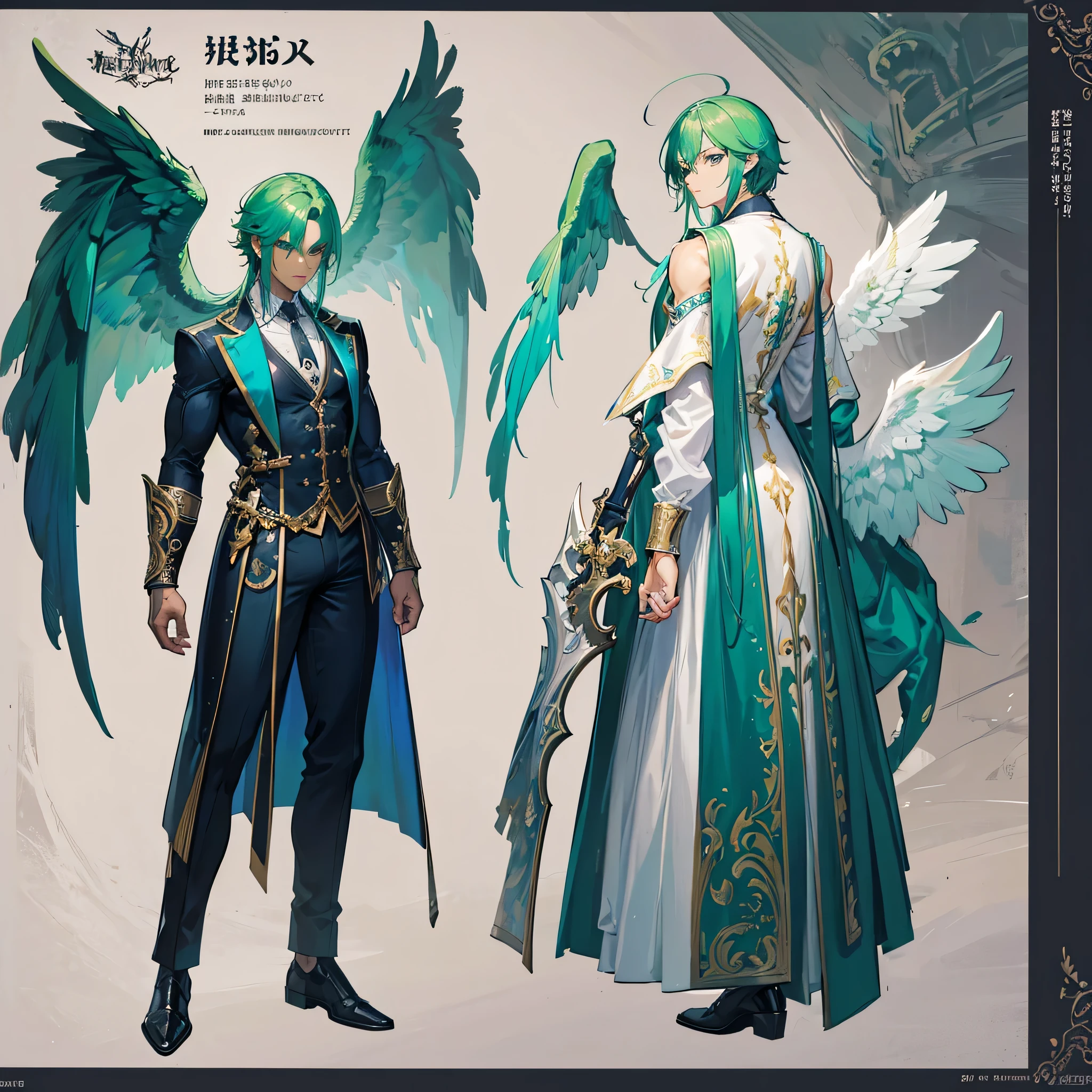 (Masterpiece, best quality), detailed, 1 man, ((character concept art)), ((character design sheet, same character, front, side, back)), full body, body complete, 1 Male angel, 1 Man angel, Detailed face, character design sheet，full bodyesbian, Highly detailed, character sheet, character design, Many parts, dark skin, angel wings, long green hair, angel outfit, muscle male god, male clothes, masculine, muscle man, male muscle, manly, male angel, Muscle male with long green, hair，beautiful man, beautiful muscle man