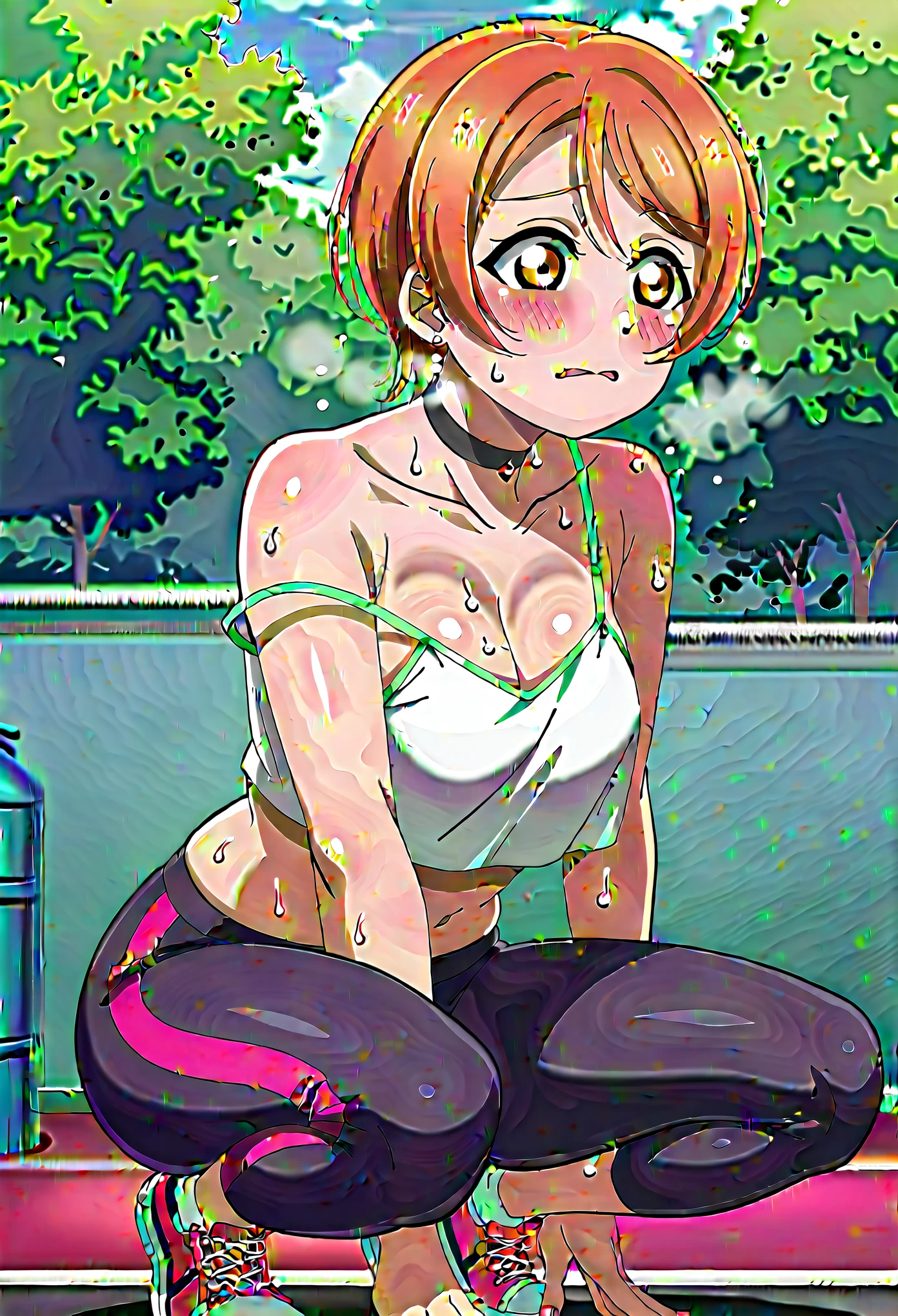 (Masterpiece, Best Quality, High Quality), Rin Hoshizora Love Live, orange hair, yellow eyes, cowboy shot,bangs, crop top overhang, sweating, breathing,strap slip, earrings, outdoors, sky, leggings, cute choker, gym ,(lipstick:0.7), thicc thighs , uncomfortable, collarbone, squatting, straddling, struggling, shaking 