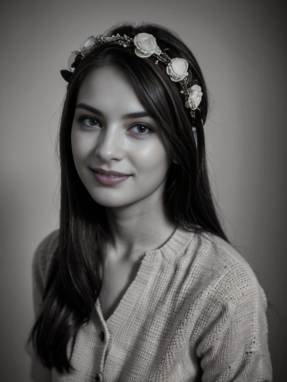 monochrome, Black and White Photography, portrait , Front view, 1941 years, June, WW2, Germany  girl is 20 years-old,  (brown hair, middle hair , wince, brown  eyes, beautiful lip, smile, flower crown),