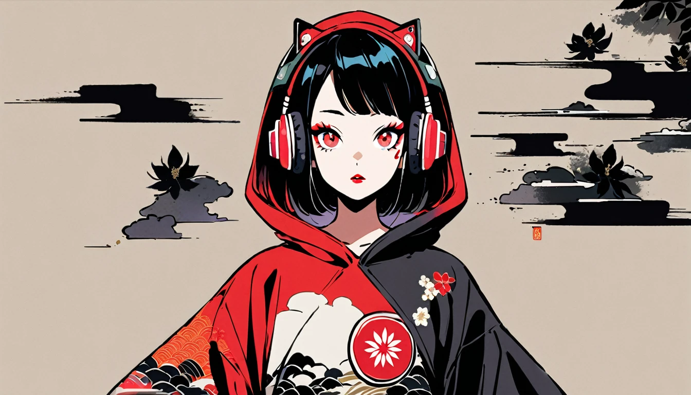 (((1 girl))), (((Ink Painting))), (((eye-level shot))), (((Flashy makeup))), (((Japanese style headphones))), (((Japanese pattern hoodie))), (((Put on the hood))), Japan人の少女, Black Hair, Modern ukiyo-e style,Japan, Japanese flag, vivid color