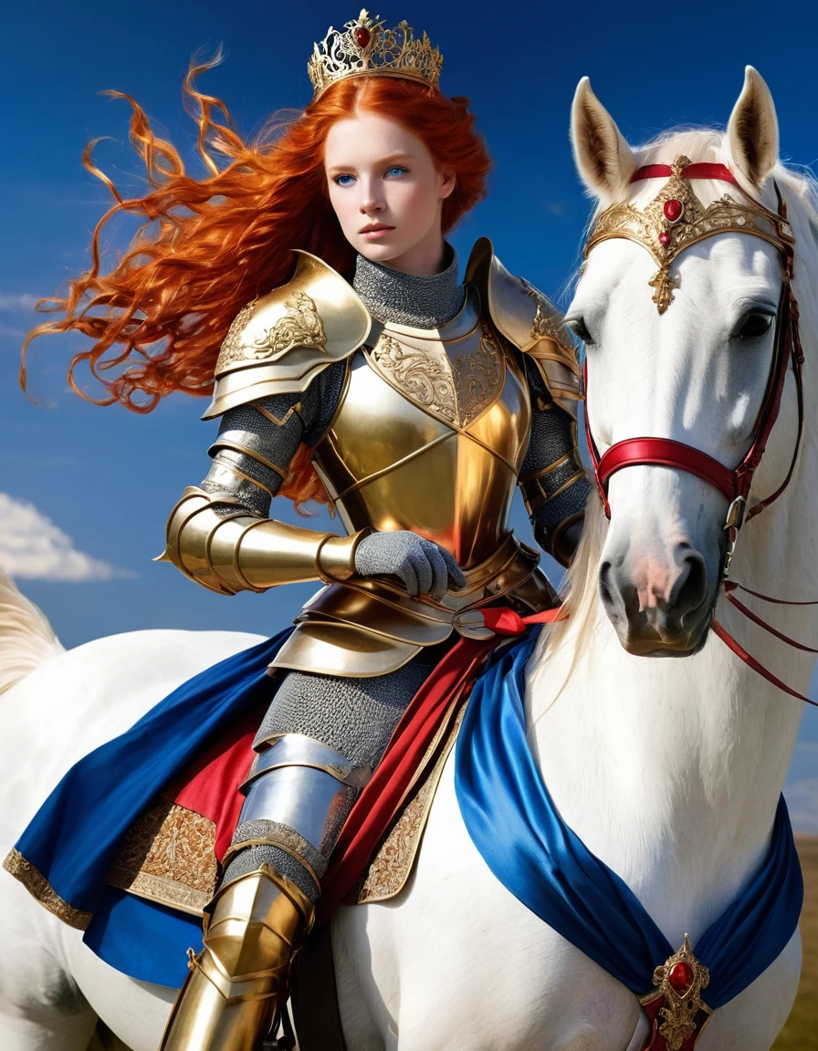 create an image of a knight she has golden armor all over her body, she has a tiara of wings on her head, she has red hair and is very big, your hair is in the wind, blue colored eyes, She carries a scroll with a red ribbon, riding a white horse with blue eyes, On the horse&#39;s hoof there is a golden horseshoe, the background of the screen is pink and lilac, there are several brightnesses in the image , make a full body image of her and the horse