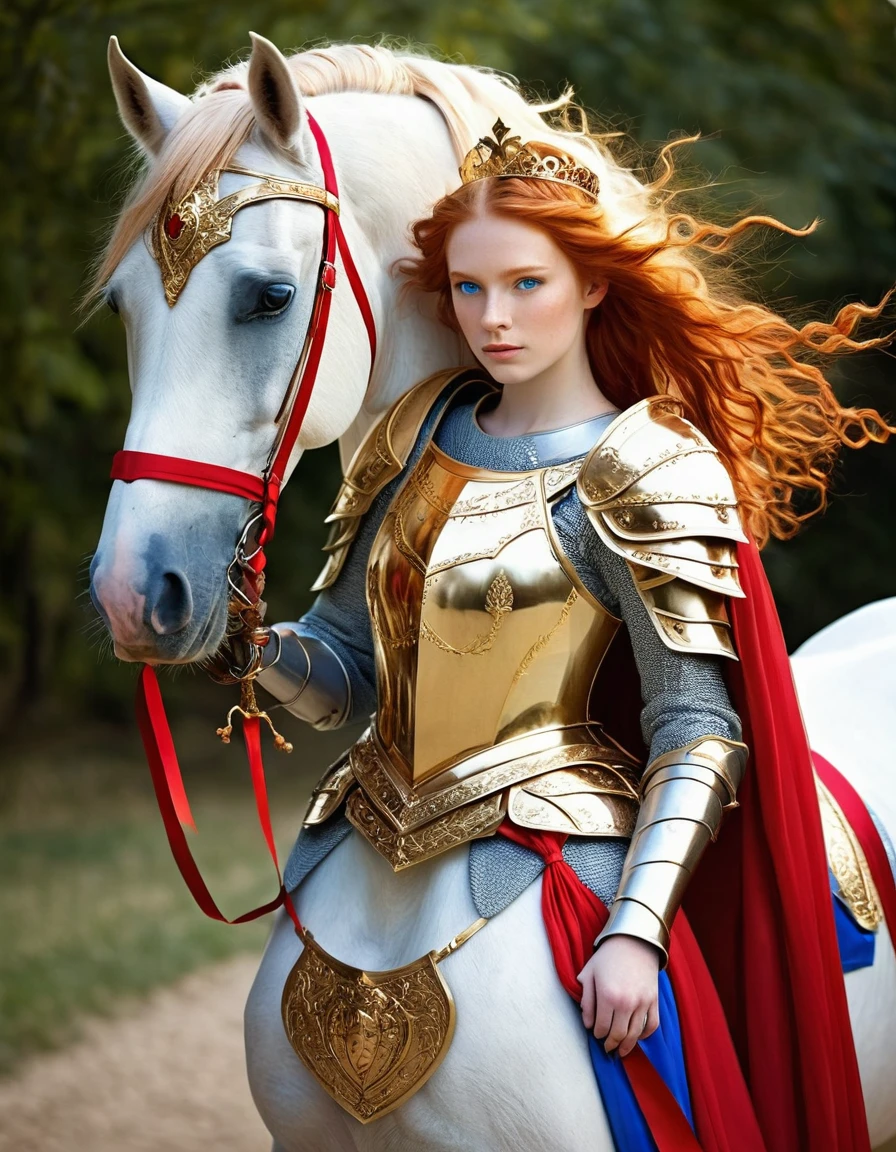 create an image of a knight she has golden armor all over her body, she has a tiara of wings on her head, she has red hair and is very big, your hair is in the wind, blue colored eyes, She carries a scroll with a red ribbon, riding a white horse with blue eyes, On the horse&#39;s hoof there is a golden horseshoe, the background of the screen is pink and lilac, there are several brightnesses in the image , make a full body image of her and the horse