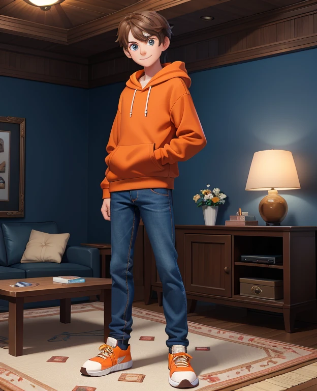 Masterpiece, high resolution, high quality, intricate details, full body portrait, front view, 1boy, solo, boy, teenage maleng brown hair, bangs, blue eyes, looking at viewer, amused expression, arrogant smile, ((Wearing: Orange Hoodie, blue jeans, and sneakers)), standing, holding a Nintendo Switch with both hands, looking at viewer, (Background: Indoors, living room, couch, TV),