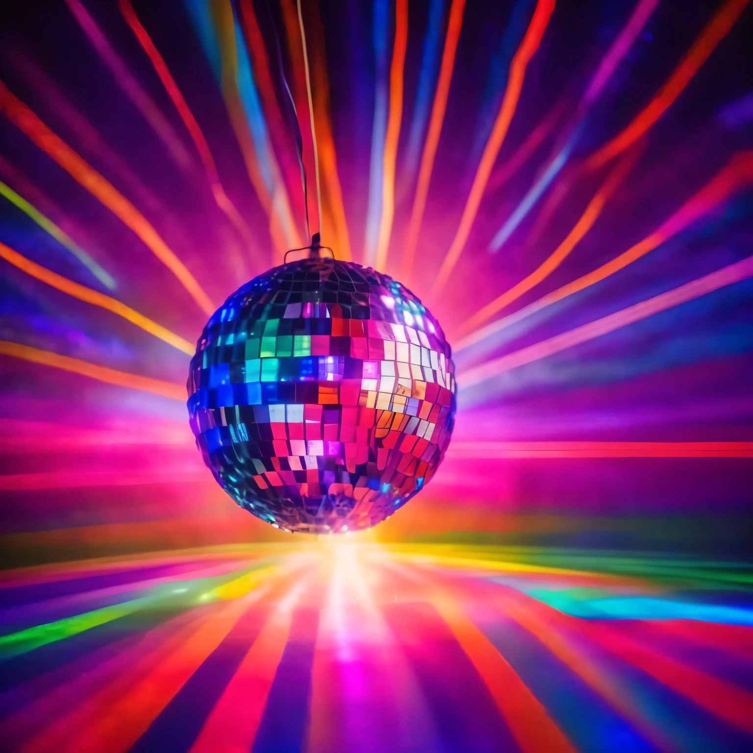 a disco ball with colorful lights and rays in the background, disco party, disco light, disco lighting, disco ball, disco ball in background, disco lights, disco balls, disco, disco diffusion, disco smile, lights, psychedelic lighting, dj, led effects, psychedelic and glittering, dance club rave, nightclub dancing inspired, partylights, colourful lighting