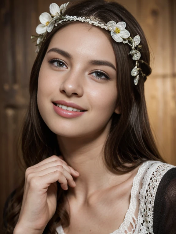 monochrome, Black and White Photography, portrait , Front view, 1941 years, June, WW2, Germany girl is 20 years-old, (brown hair, middle hair , wince, brown eyes, beautiful lip, smile, flower crown),