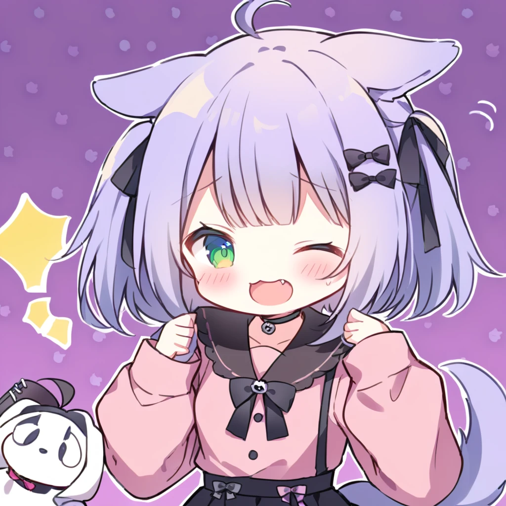Top quality, masterpiece,a chibi girl
, peal purple and blunt bangs hair, twin braids,green eyes, eyes closed, mouth wide open and screaming, blushing, smilng,fangs,(a girl with closs hair pin,
pink shirt,cosplay, jirai kei, bangs, black skirt, black bow, looking at viewer, bow, long sleeves, choker, ribbon,with Dog droopy ears and tail:1.4),