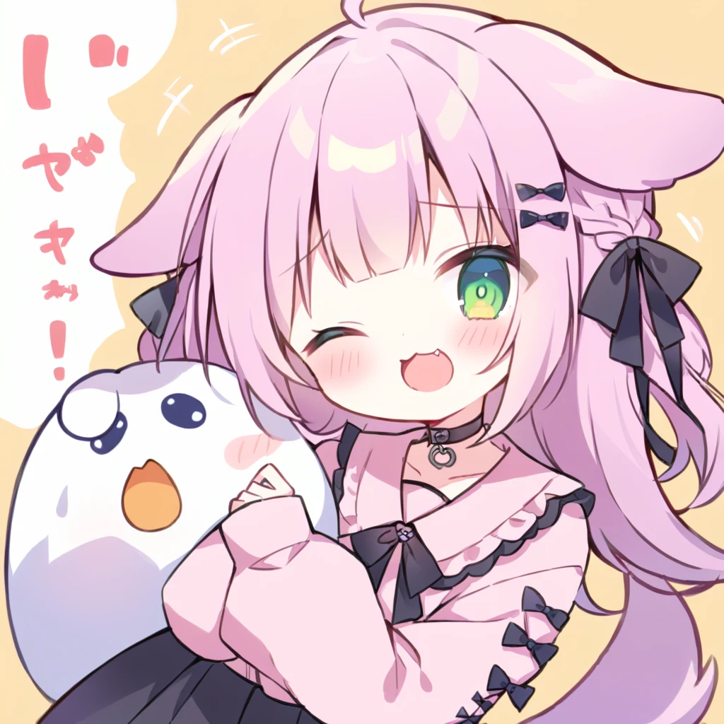 Top quality, masterpiece,a chibi girl
, peal purple and blunt bangs hair, twin braids,green eyes, eyes closed, mouth wide open and screaming, blushing, smilng,fangs,(a girl with closs hair pin,
pink shirt,cosplay, jirai kei, bangs, black skirt, black bow, looking at viewer, bow, long sleeves, choker, ribbon,with Dog droopy ears and tail:1.4),