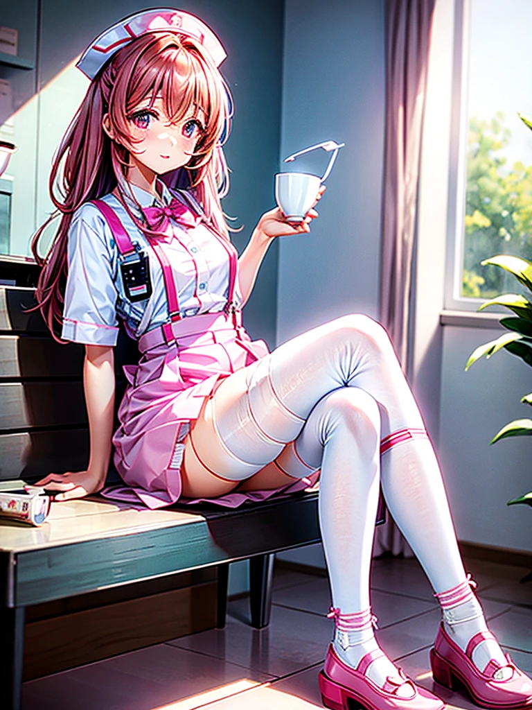 Xiao Min pink nurse uniform A cup white suspenders stockings white canvas shoes