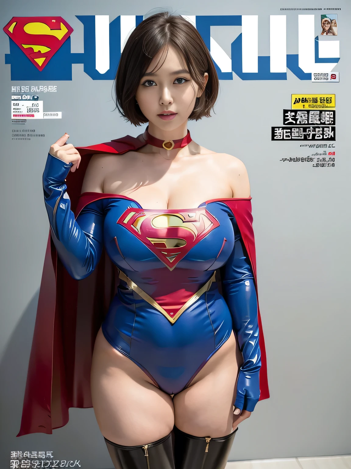 masterpiece、Rubber Supergirl Costume、short hair、Rubber Long Boots、Big and ample breasts、looking at the camera、choker、Long sleeve、Cape、mini skirt、Off the shoulder、Sweaty skin、Hospital room、Photo magazine cover、A voluptuous cleavage、Boasting beautiful legs、High leg leotard、Knee-length boots、wallpaper for pc、